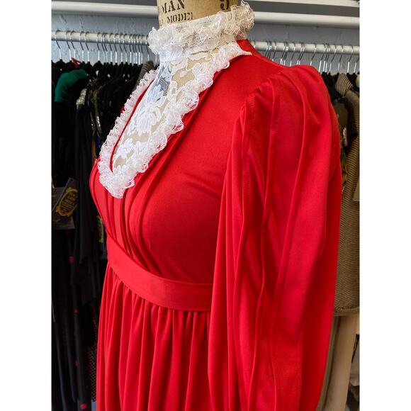 vintage 1970s red victorian style maxi dress lace bib balloon sleeves small - Picture 6 of 10